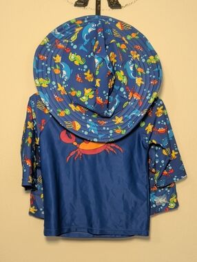 Heat Boys Swim Set - Trunks, Rash Guard + Water Hat Blue Sea Creatures Size 4T